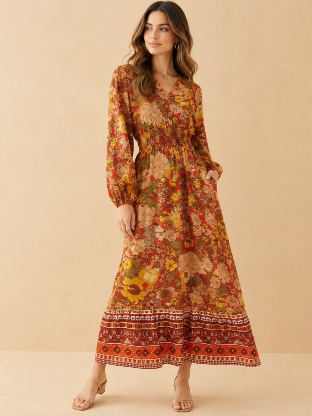 Boho Rust Floral Smocked Waist Long Sleeve Maxi Dress
